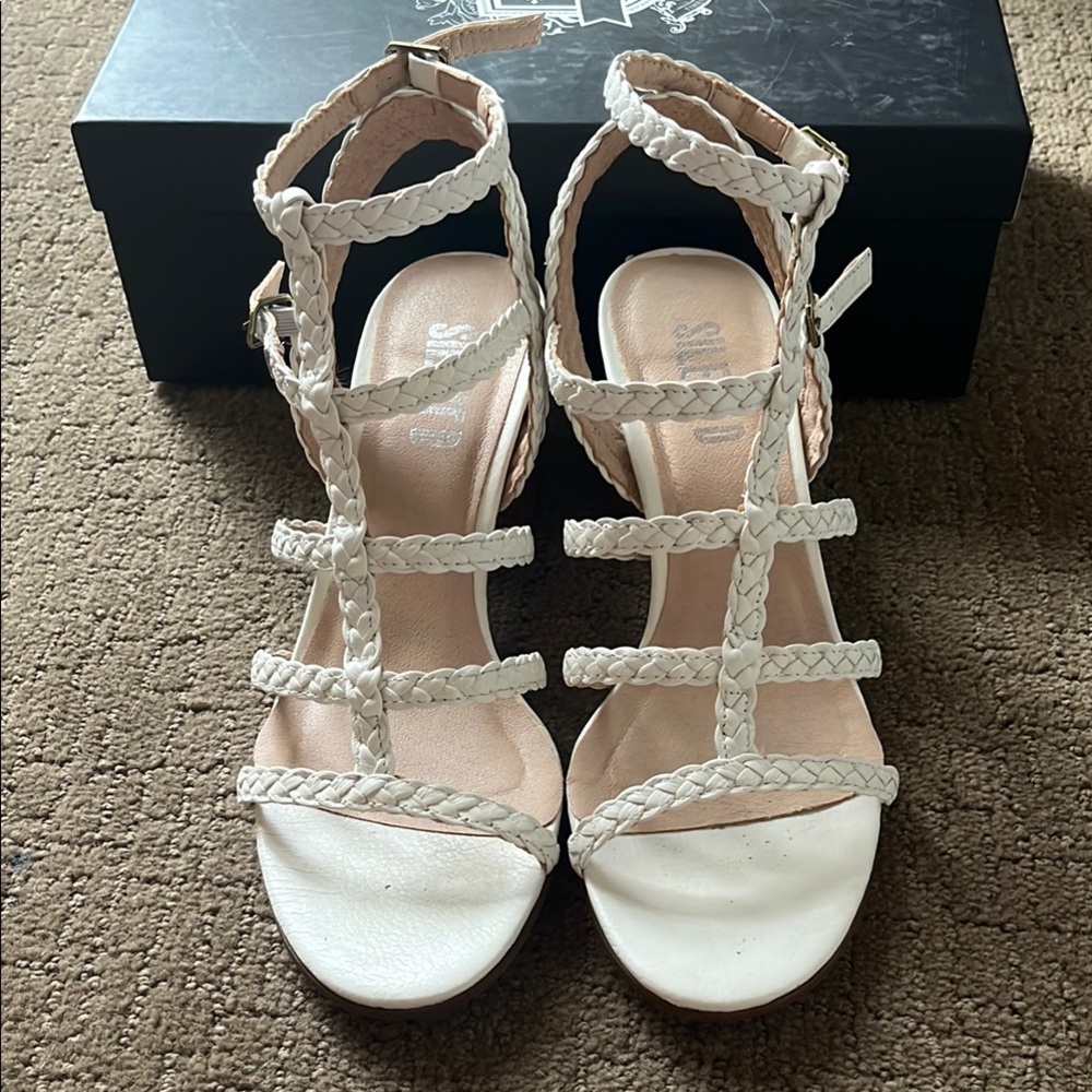Anthropologie white braided block heeled sandals